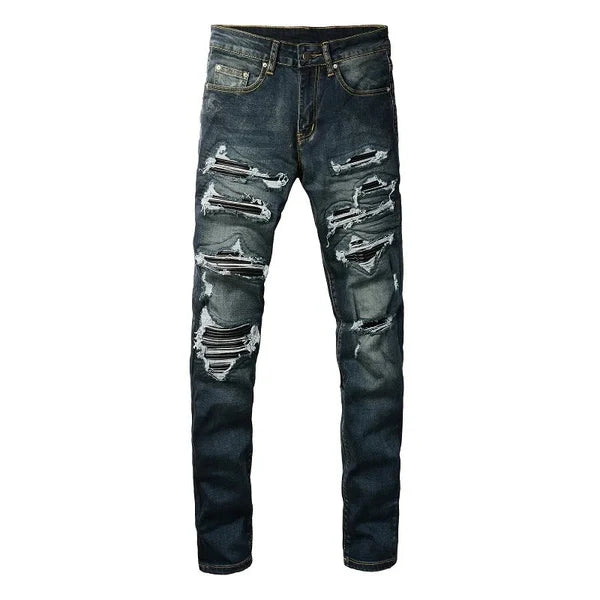 Dark Leather Patch Jeans